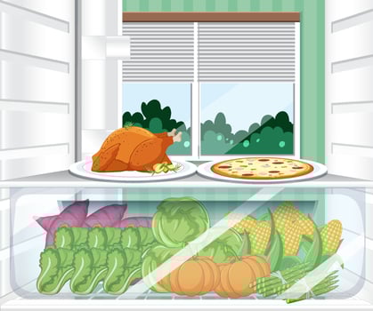 Inside of refrigerator with foods vector