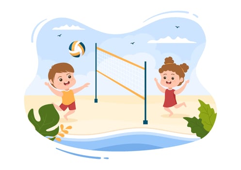 Beach Volleyball Player on the Attack for Sport Competition Series Outdoor in Cute Kids Flat Cartoon Illustration vector