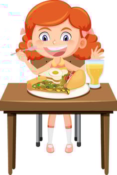 Happy girl enjoy eating food on table vector