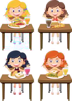 Different girls enjoy eating food set vector