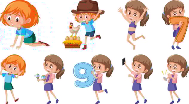 Set of children doing different activities on white background vector