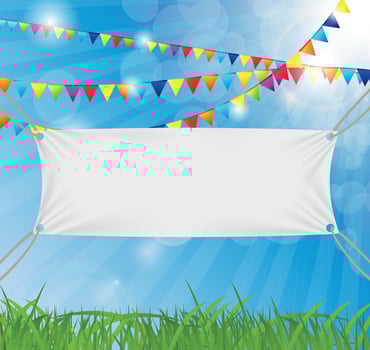 Textile banners with copy space suspended by ropes by all four corners. Vector Illustration