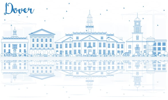 Outline Dover Skyline with Blue Buildings and Reflections. vector