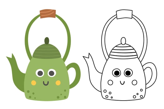 Vector teapot colored and black and white illustration. Kawaii tea pot icon. Smiling kettle with eyes and mouth isolated on white background. kitchen or hiking equipment. Cute coloring page