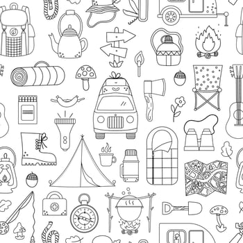 Vector black and white summer camp seamless pattern. Camping, hiking, fishing repeat background. Outdoor nature tourism line digital paper with backpack, van, rod, clothes, fire place.