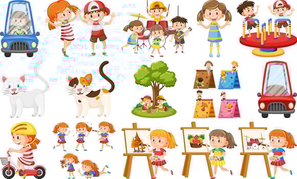 Set of cute kids and objects vector