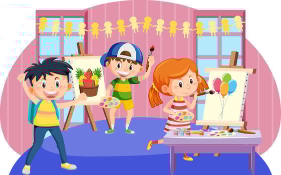 Happy children in an art class painting vector