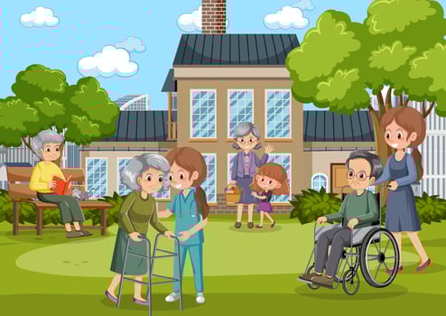 Outdoor park with elderly people and caregivers vector