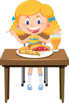 Happy girl enjoy eating food on table vector
