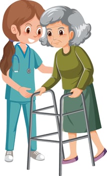 Elderly woman with walker and nurse vector