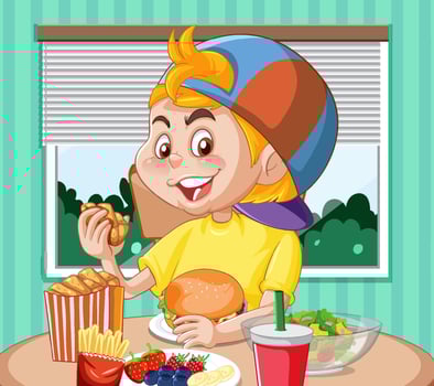 A boy eating breakfast at the table vector