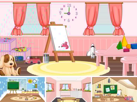 Set of different kindergarten classroom scenes vector