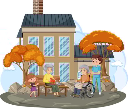 Elderly couple with caregiver in front of house vector