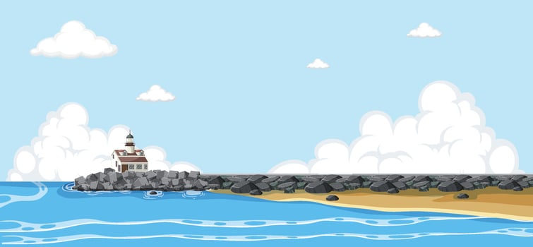 Light house on coast scene vector