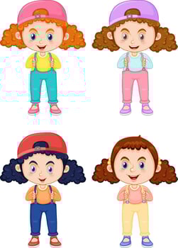 Set  of cute girl cartoon character with curly pigtail hair vector
