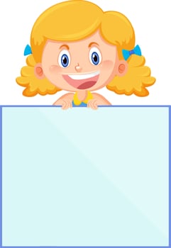 Cute girl holding blank board in cartoon style vector