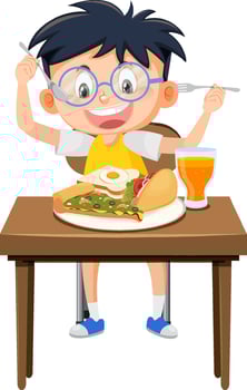 Happy boy enjoy eating food on table vector