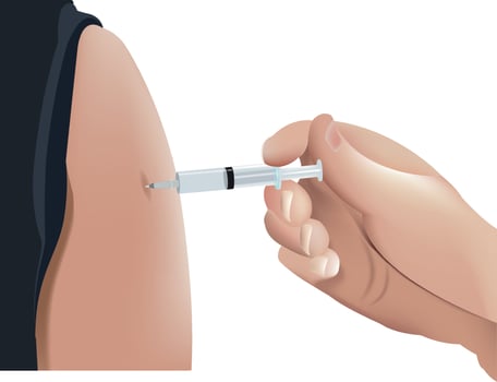 Doctor injects a vaccine into a patient's arm. White background. vector