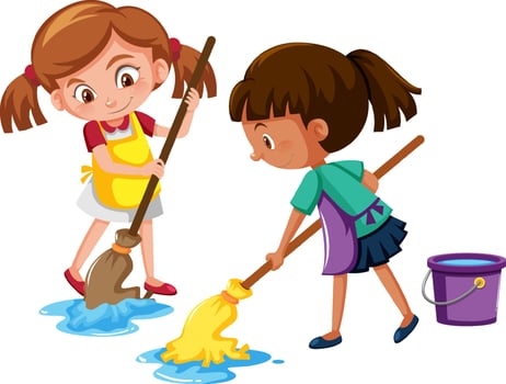Girl mopping the floor on white background vector
