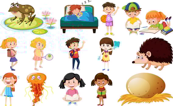 Set of different cute kids and objects vector