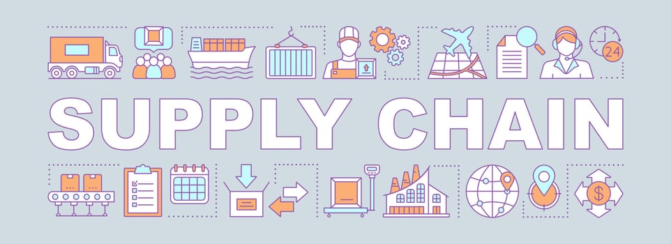 Production process word concepts banner. Freight and cargo shipping. Supply chain. Distribution and logistics. Manufacturing. Isolated lettering idea with linear icons. Vector outline illustration