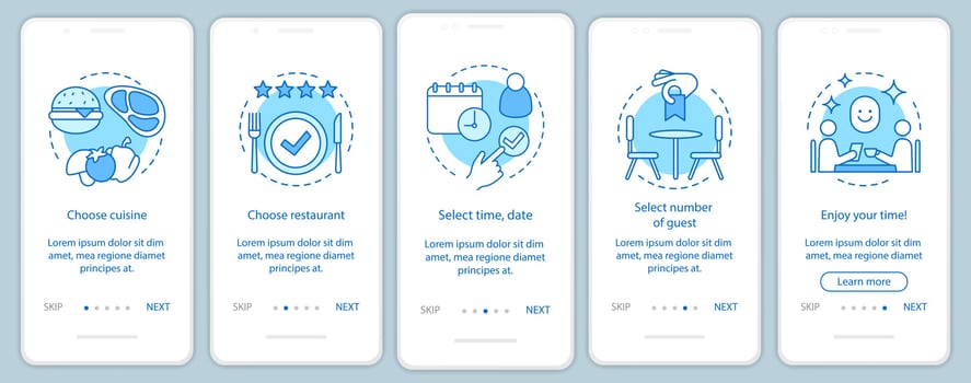 Restaurant onboarding mobile app page screen vector template. Event guest cafe meal. Coulsine dinner menu. Walkthrough website steps with linear illustrations. UX, UI, GUI smartphone interface concept