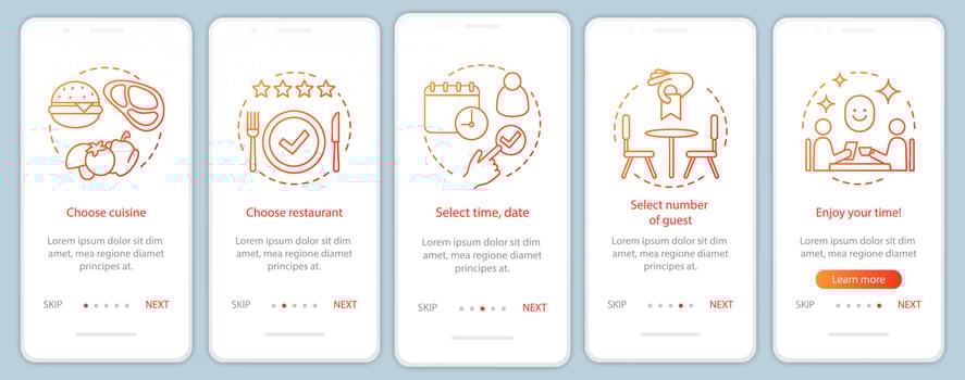 Restaurant onboarding mobile app page screen vector template. Event guest cafe dinner. Coulsine food menu. Walkthrough website steps with linear illustrations. UX, UI, GUI smartphone interface concept
