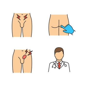 Men's health color icons set. Prostate cancer diagnosis, digital rectal exam, inguinal hernia, urologist. Groin pain and bulging, doctor, male infertility. Isolated vector illustrations