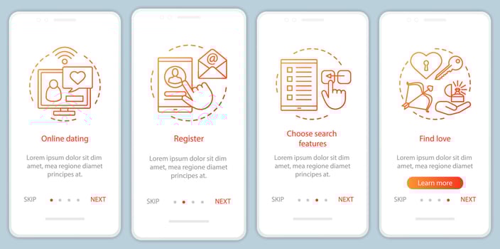Online dating onboarding mobile app page screen vector template. Register, choose search features, find love website instructions with linear illustrations. UX, UI, GUI smartphone interface concept