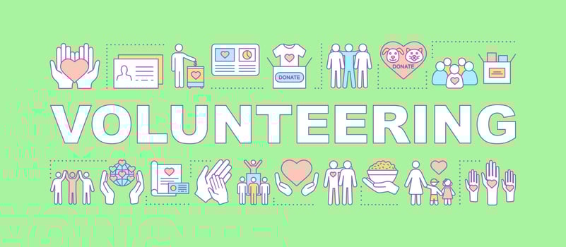 Volunteering word concepts banner. Charitable foundation. Presentation, website. Isolated lettering typography idea with icons. Nonprofit organization. Charity, donation. Vector outline illustration