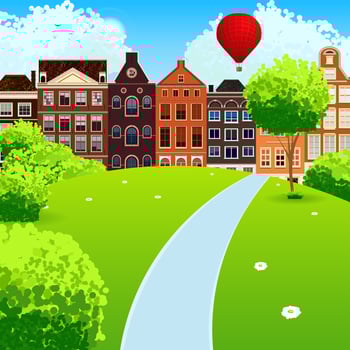 Landscape with a road to the cozy town. Vector background.
