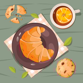 Breakfast with a croissant and a cup of lemon tea on the table. French traditional breakfast. Vector illustration