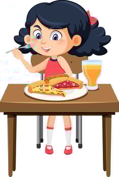Happy girl enjoy eating food on table vector