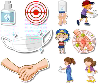 Sticker set of covid19 icons and cartoon characters vector