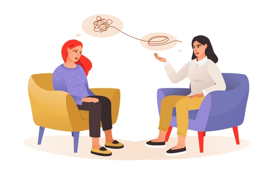 Psychological help. A sad woman in a session with a psychologist. Confused thoughts. A conversation with a psychologist. Mental health. Cartoon vector illustration