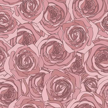 Seamless aesthetic background with abstract dusty rose color roses, curved pattern from rose petals and blossom flowers hand drawn vector illustration for textile cover