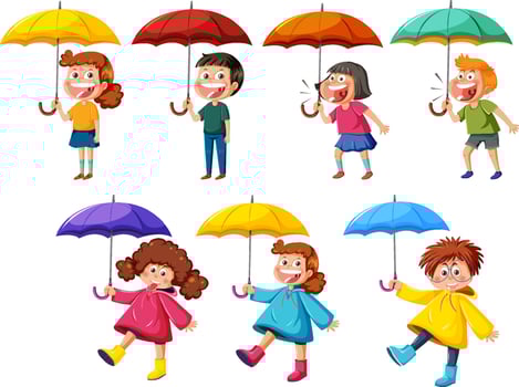 Set of different kids holding umbrella vector