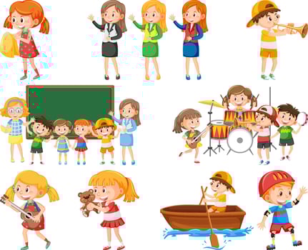 Set of different cute kids and objects vector