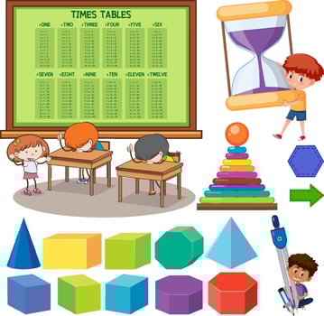 Math classroom objects with supplies and students vector