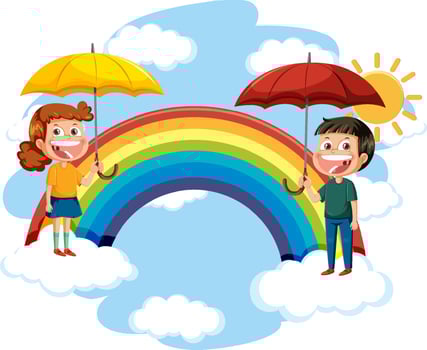 Two kids holding umbrella in the sky vector