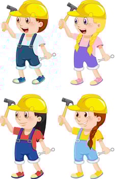 A girl wearing helmet holding hammer vector