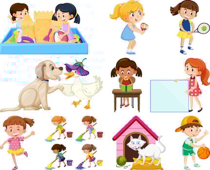 Set of different cute kids and objects vector
