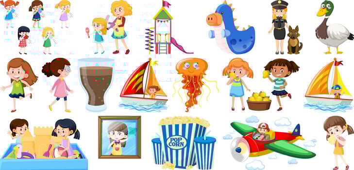 Set of different cute kids and objects vector