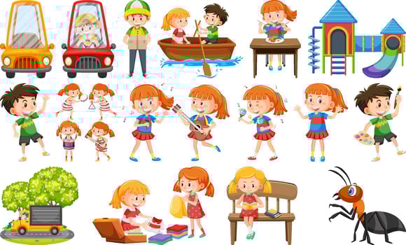Set of cute kids and objects vector
