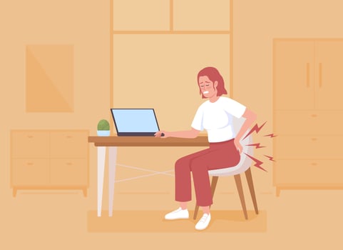 Lower back pain while seated flat color vector illustration