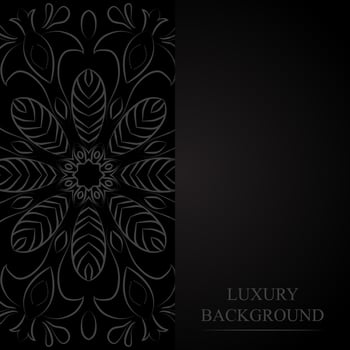 Luxurious decorative mandala design in dark gray on a black background. Banner with place for text vector