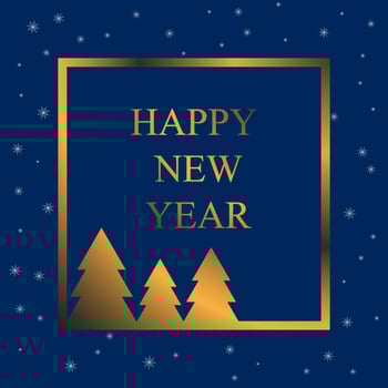 Happy New Year. Design for greeting card, invitation, banner. Golden frame with Christmas trees on the inscription inside. Snowflakes around the frame. Vector illustration
