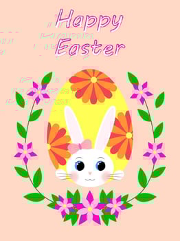 Happy easter. Greeting card. A white rabbit peeks out of an Easter egg. Vector illustration