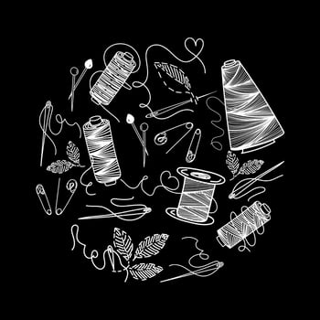 Set of sewing thread, hand-drawn doodles in sketch style. Elements in a circle on a black background. Cross-winding of thread. Needle and pins. Needle and pins. Sewing. Thread. Vector simple