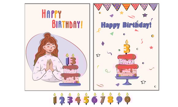 set collection of colored bright adorable flat vector post cards invitation birthday party with a curly ginger hair girl  birthday cake candles numbers confetti vector illustrations
